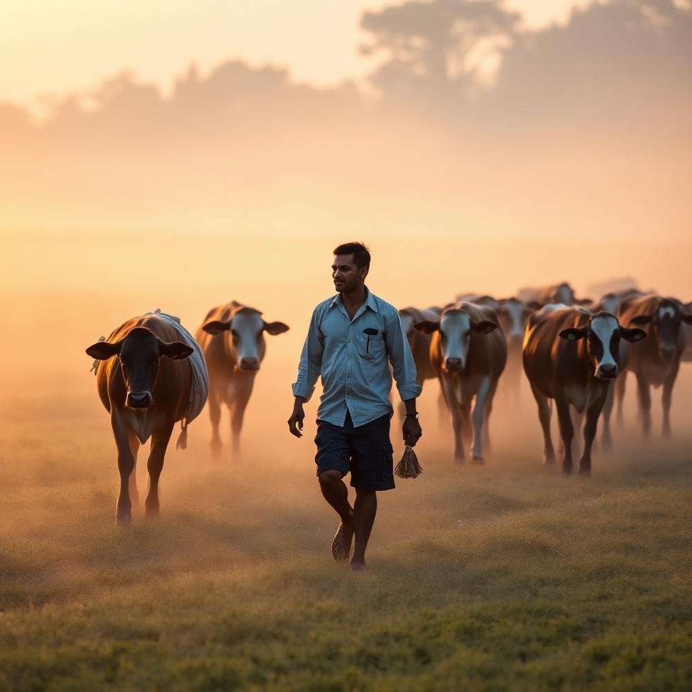 Farmer walking with cows at sunrise