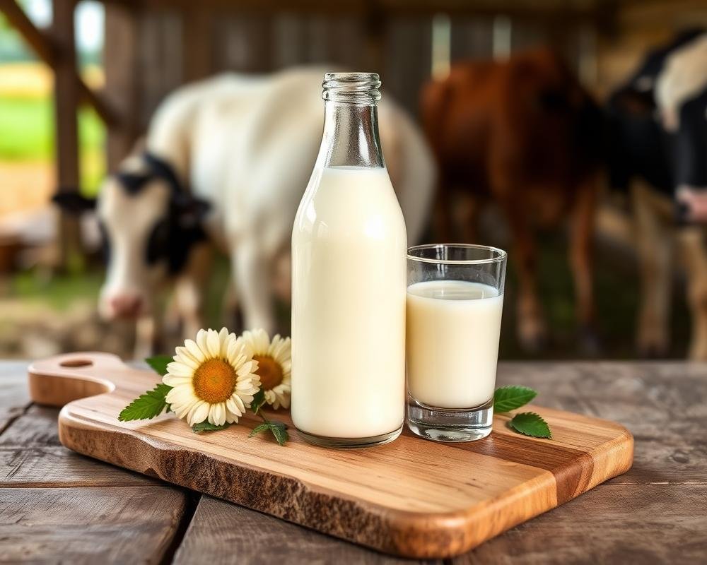Bottle and glass of fresh cow milk